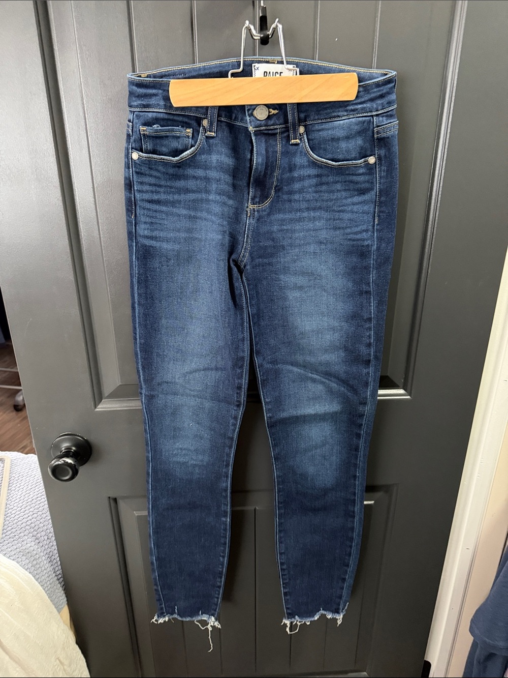PAIGE Dark Indigo Skinny Jeans with Raw Hem
